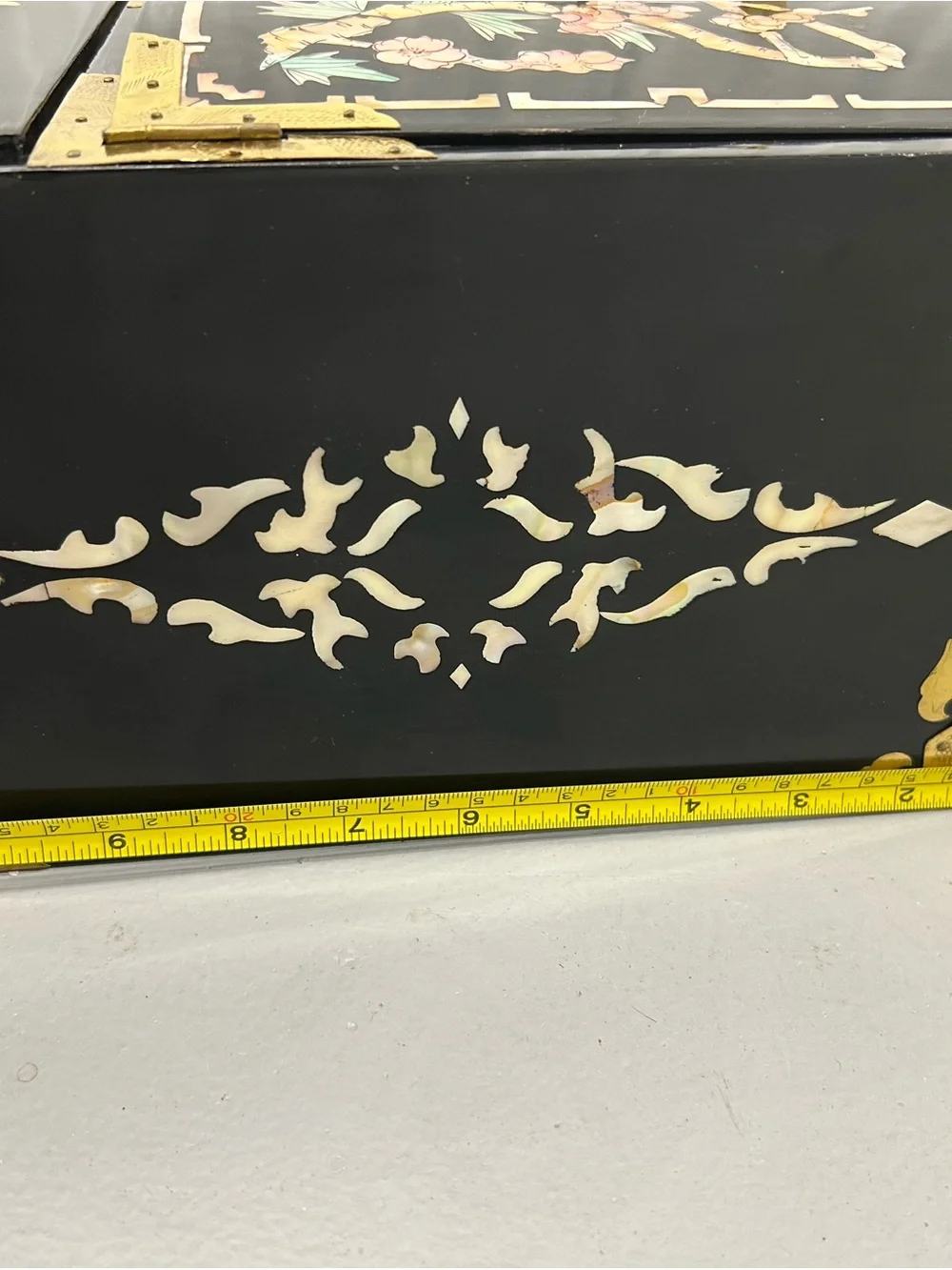 Vintage Chinese Black Lacquer Jewelry Box Cabinet Mother of Pearl Inlay Brass